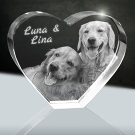 Glass Photo (3D) | Heart 80 mm | 1 to 2 People or Animals e.g. as a Gift for Animal Lovers