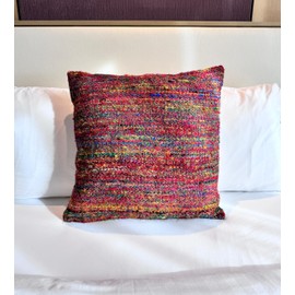 Maker's Craft Decorative 20x20 Inches Hand Woven Throw Square Cotton Pillow Cover in Vintage Texture Weave Boho for Bed, Sofa, Chairs (Solid Zebra) (Red Multi)