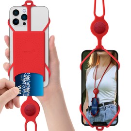 BONE Lanyard Phone Tie 3, Cell Phone Strap with Card Slot & Pocket, Adjustable Silicone Lanyard, Universal Neck Phone Holder Compatible with Most Smartphones (Red - Card Holder)