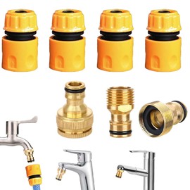 TREABEAR 7 pieces garden hose connection set, tap adapter 1/2 and 3/4 2 in 1, adapter tap garden hose 22 mm and 24 mm, brass hose adapter tap 1/2 inch, hose coupling 1/2