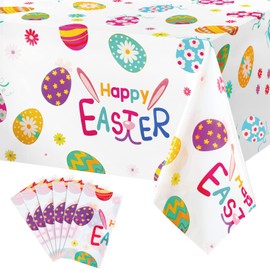 Easter Tablecloth Plastic Easter Egg Bunny Table Cover Colorful Egg with Happy Easter Bunny Tablecloth for Easter Spring Flower Themed Party Kitchen Dining Room Home Decor, 54 x 108 Inch (6)