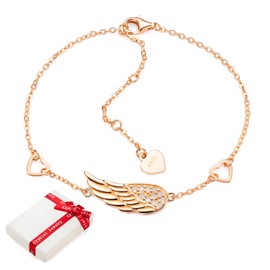 Angel Wings Bracelet 925 Silver Women's Rose Gold Cubic Zirconia Lucky Bracelet Adjustable Delicate Angel Wings Heart Love Lucky Charm Bracelets Gifts for Girls Women Communion Christening Birthday,