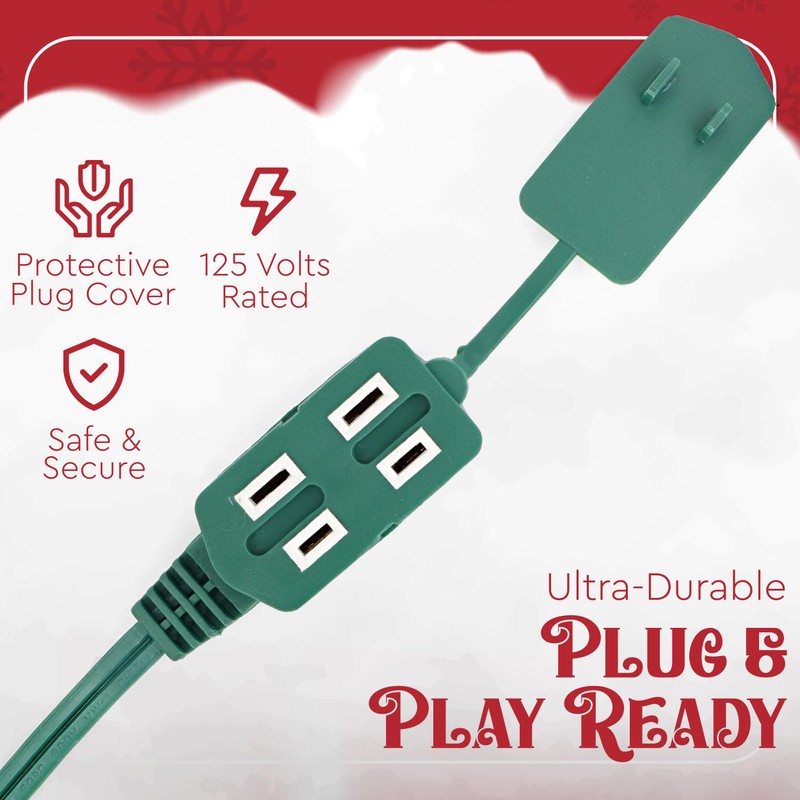 15 Feet Green Extension Cord for Christmas Tree, 3 Outlet,