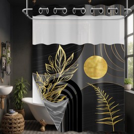 DLTAY Black and Gold Hookless Shower Curtain with Snap in Liner, Boho Mid Century Modern Black and Dark Grey No Hook Double Layer Shower Curtain and Liner Set, Waterproof Cloth Fabric, 71" W x 74" L