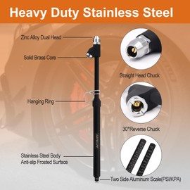 SAFELIFE Heavy Duty Tire Pressure Gauge, Straight-on Dual Head Air Pressure Gauge, 10-150PSI 100-1000KPa Tire Air Gauge, Non-Slip Handle and Extended Tube for Semi Truck Car RV Van（2 Pack）