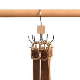 360° Swivel Belt Hanger for Wardrobe, Tie Rack Hanger with 6 Hooks, Suitable for Tie, Belt, Gloves, Scarves, Handbags (Wood Color)