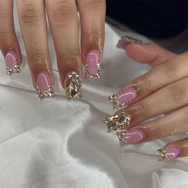 Square Press on Nails Medium Fake Nails with Rhinestones Design Gold Gem Stick on Nails Full Cover Pink False Nails Nude Glossy Acrylic Nails French tip Glue on Nails for Women Manicure Decor 24Pcs