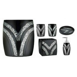 6 Piece Sinatra Resin Bath Accessory Set, Cracked Glass, Black