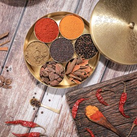 The Advitya Brass Masala Box for Kitchen |Spices Storage Containers| Handmade Masala container/Spice Box with Embossed Lid 7 Compartments and 1 Spoon (Small)