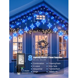 BEEWIN Star Icicle Lights Outdoor,126 Led 12 Star Hanging String Lights with 8 Modes,Waterproof Connectable Fairy Star Window Lights for Bedroom,Wall,Wedding,Party,Brithday,Christmas Decor,Blue White