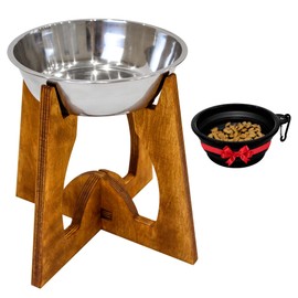 Dog Bowl Elevated - Raised dogs feeder for medium dogs - Collapsible 9" Dog bowl stand - Food and Water bowl with wood stand - 1 stainless steel bowl 25oz included - travel silicone pet feeder in set