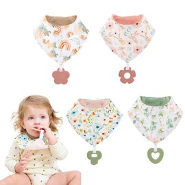 4 Packs Bandana Teething Bibs Baby Drool Bibs with Teether Super Soft and Absorbent Toddler Bib Reversible Baby Bandana Dribble Bib with Snaps Teething Toy for Boys Girls Unisex Infant Toddlers Babys