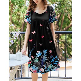 Ekouaer Women's House Dress Pleated Nightgown Short Sleeve Mumu Dress Lounge Dress With Pockets