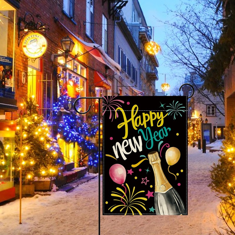 Happy New Year 2026 Small Decorative Garden Flag, Colorful Champagne
