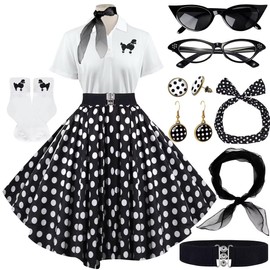 VillbeCoser Sock Hop Outfits Women, 1950s Poodle Skirts, Polo Shirt with 50s Accessories Socks Scarf Headband Belt 10Pcs (BlackDot-2XL)