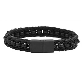 Magna Steel Men's Braided Genuine Leather Rolo Bracelet, Black