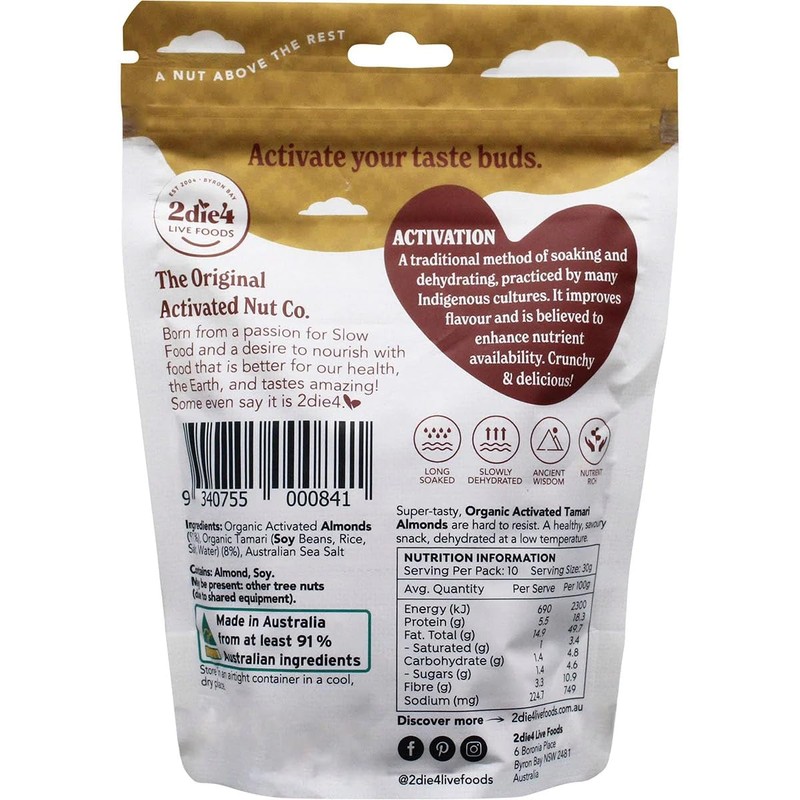 2Die4 Live Foods Activated Organic Tamari Almonds 300g