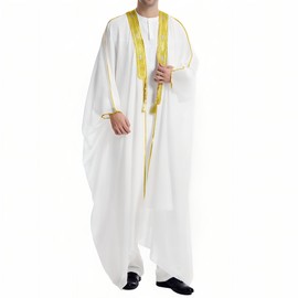 Musuly Men's Kaftan - Traditional Thobe Abaya Djellaba, White and Yellow Gold