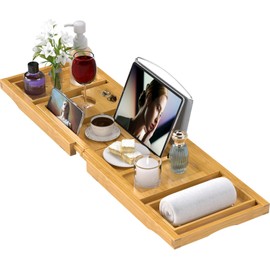 Bathtub Tray Caddy, Expandable Bath Trays for Tub, Bamboo Shelf & Table with Wine Glass Holder,Bathroom Accessories for New Home & Mothers Day & Birthday Gifts for Mom