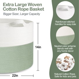 MEGASKET Extra Large Blanket Basket, 22" X 22" X 14" Kids Dog Toy Storage Bin Box, Nursery Baby Toddler Toy Organizer, Soft Cotton Rope Woven Bin, Large Basket for Blankets for Living Room, Green