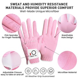 FINGER TEN Womens Ladies Golf Rain Gloves Pair Both Hand or 2 Pack Left Right Hand, Wet Hot Cool Grip, Fit Small Medium Large XL (Pink, Large, Right)