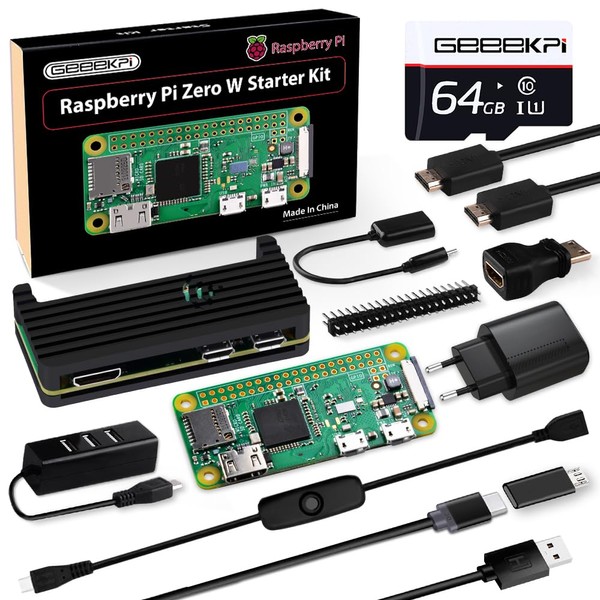 GeeekPi Raspberry Pi Zero W Starter Kit, with RPi Zero W Aluminium Housing, 64GB SD Card, Power Supply, 20Pin Header, Micro USB to OTG Adapter, HDMI Cable, HDMI Adapter, Switch Cable and 4 Port USB