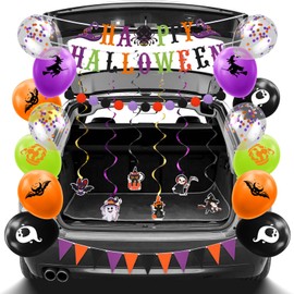SmoothNovelty Halloween Trunk or Treat Car Decorations Kit Happy Themed Design Banners Triangle Flag Pompoms Balloons and Spiral Cardboard for Halloween Car SUV Truck Garage Door Archway Decorations