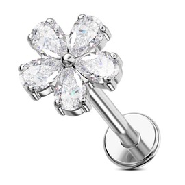 Jewseen Flower Flat Back Earring Titanium Lip Stud Internally Threaded Cartilage Earring CZ Labret Stud Helix Earring