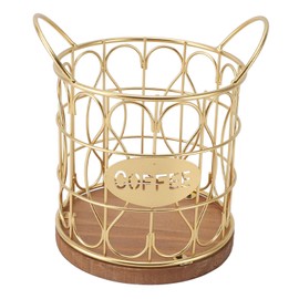 Zerodis Coffee Pod Holder, Modern Wire Basket with Wooden Base Coffee Capsule Organizer, Gold