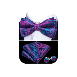 Barry.Wang Fuchsia Teal Bow Tie Set Men Paisley Silk Pre-Tied Bowtie Pocket Square Cufflinks Formal Wedding Party Prom
