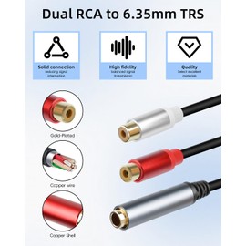 RIIEYOCA Jack to RCA Audio Cable, 6.35 mm Jack Female to 2 RCA Female Y Splitter for Mixers, Amplifiers, AV Receiver (0.3 m/1 ft)