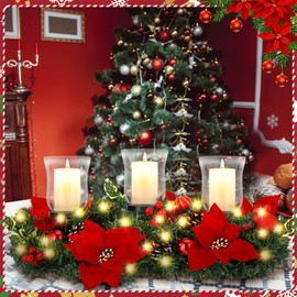 Sliner Christmas Poinsettia Candle Holder Centerpiece, Christmas Centerpieces for Tables Christmas Tealight Candle Holders Christmas Glass Candle Holders Romantic Holiday Candelabrum for Table Mantel