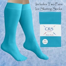 CRS Cross Ice Skating Socks (2 Pair) Premium Knee High Tights for Ice Skates, Footed Skate Sock, Figure Skating and Dance (Turquoise Blue)