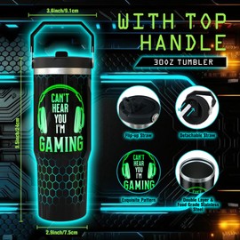 Jizrecly 30 oz Gamer Tumbler with Straw, 30oz Gaming Flip Straw Tumbler Insulated Coffee Travel Mugs Cup Water Bottle Gamer Gifts for Men Dad Boy Boyfriend