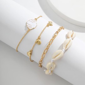 Asphinien Bohemian Beaded Anklets Set Multilayered Shell Starfish Conch Turtle Pendant Anklet Summer Beach Foot Chain Jewelry for Women (White shell)