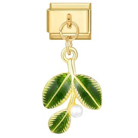 Enamel Gold Green Flower Plant Leave Lucky Charm Silver Italian 9mm Link Stainless Steel Bracelet Charm Compatible With Nomination 9mm Bracelet