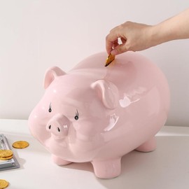 13" Large Piggy Bank for Adults,Piggy Bank for Kids,Piggy Bank for Boys,Ceramic Piggy Bank Girls,Alcancias De Dinero para Adultos,Coin Bank,Real Money Box for Cash Gift,Safe Tip Jar - Size: 7IN PINK