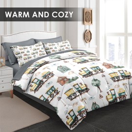 Pamnest Comforter Set Queen Size, Cute Cartoon Train 7 Pcs Bedding for Kids and Adults, Green Barn Tree Bed Sheet Sets with Fitted Sheet 2 Pillowcases & 2 Shams for Bedroom Bed Decor