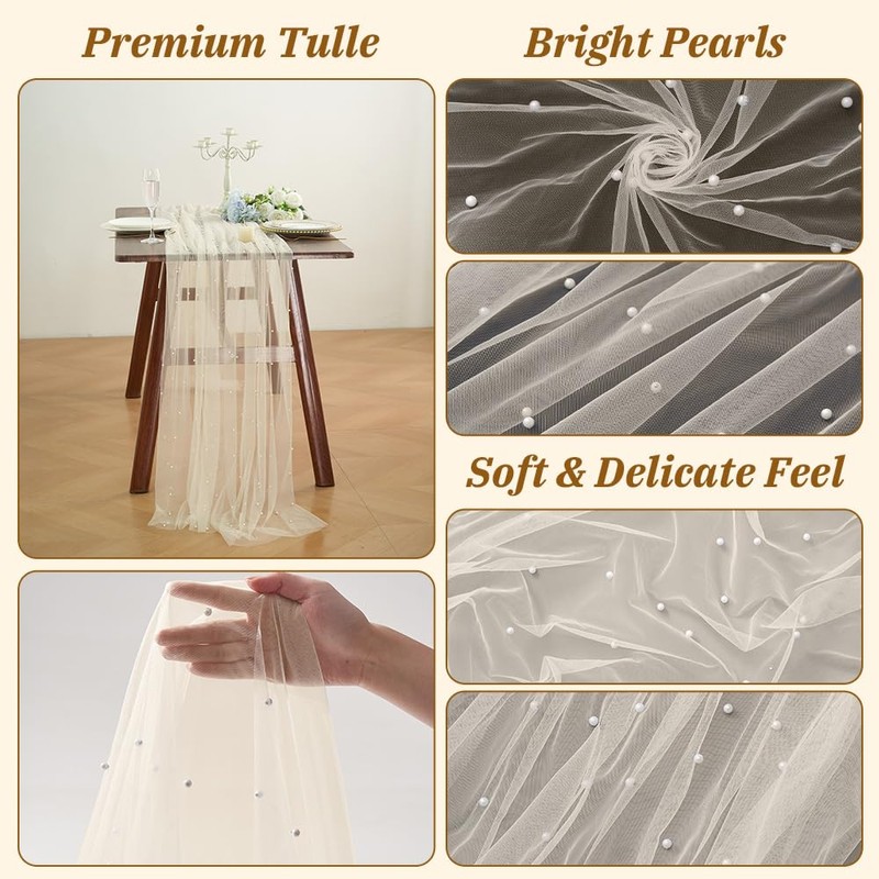 2 Pack Pearl Beige Tulle Table Runner with White Tablecloth