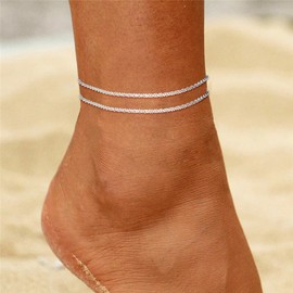 SCTHCS Gold/Silver Ankle Bracelets for Women Dainty14K Gold Plated Waterproof Cuban Bead Chain Sets Layered Non Tarnish Summer Beach Bracelets 8.3+2 Inch Adjustable for Womens Jewelry Gifts