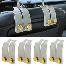 URIZZD 4 PCS Leather Car Seat Hooks for Headrest, Vehicle Hanger Storage Organizer Universal for Handbag Purse, Car Accessories Gift (Grey-Gold-4 PCS)