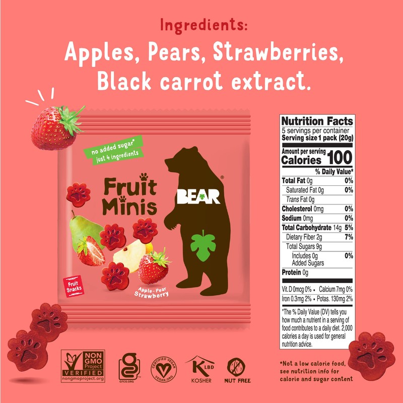 BEAR Real Fruit Snack Minis, Strawberry – (Pack of 18)