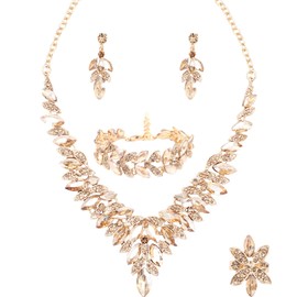 SFE Jewelry set for Women Rhinestone Austrian Crystal Statement Necklace Dangle Earrings Link Bracelet Ring Wedding Party Jewelry Set for Bridal Bridesmaid (Champagne-Gold Plated)