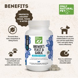 Only Natural Pet Brewer's Yeast & Garlic Chewables - All-Natural Flea & Tick Prevention for Dogs - Fortified with B Vitamins - Promotes Healthy Skin & Coat - 300 Count Tablet
