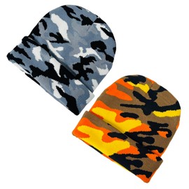 Super Soft Unisex Camo Print Winter Knit Beanie (Gray & White Camo w/Orange & Brown Camo)