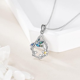 JBAERD Hummingbird Necklace 925 Sterling Silver Abalone Shell Hummingbird Pendant Bird Flower Jewelry Gifts for Women