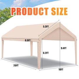 KAHLHAK Carport Canopy 10'x20' Heavy Duty Replacement Cover, Garage Shelter Cover 800D Oxford Waterproof & UV Protected Tarp with Ball Bungees, Not Include Frame - Beige
