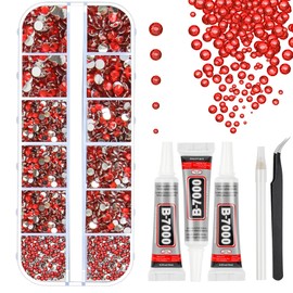 Rhinestones Bedazzling Kit: 3Pcs 10ml B7000 Jewelry Glue for Nail Art Rhinestones for Crafting, Multi-Size and Flatback Red Gems for Makeup and DIY Crafts