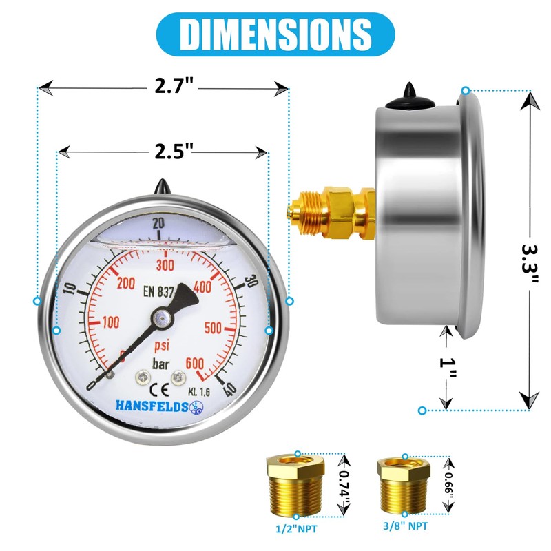 Hansfelds 0-40bar Pressure Gauge Liquid Filled 1/4'' BSP Back Mount