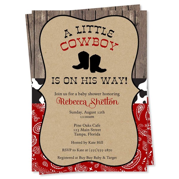 Cowboy Baby Shower Invitations Boots and Bandanas Theme Invites Red Black Country Barn Paisley Printed Cards Customize Personalize Custom (12 Count)